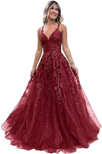 Vestido de Festa Longo em Tule com Aplicações de Renda Brilhante Fivsole, Corte em A Formal para Noite