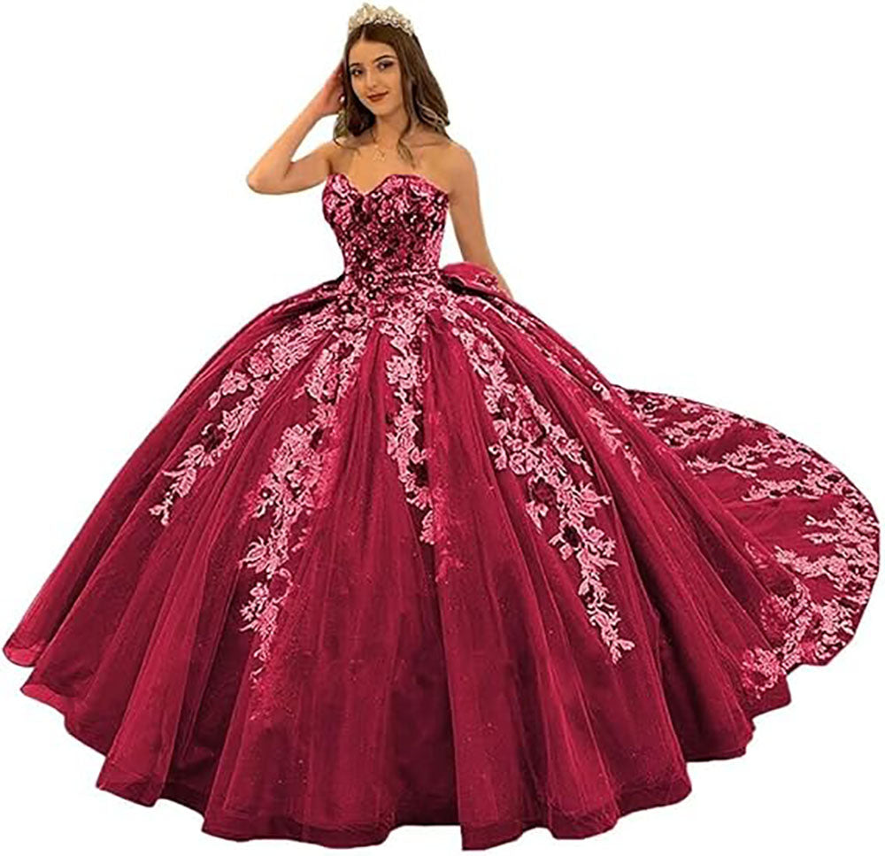 Wunderschöne trägerlose Quinceanera-Kleider mit Perlen, Ballkleid, bauschige Spitze, Ballkleider mit Schleppe, Blumenmuster, Sweet 15 16 Kleider