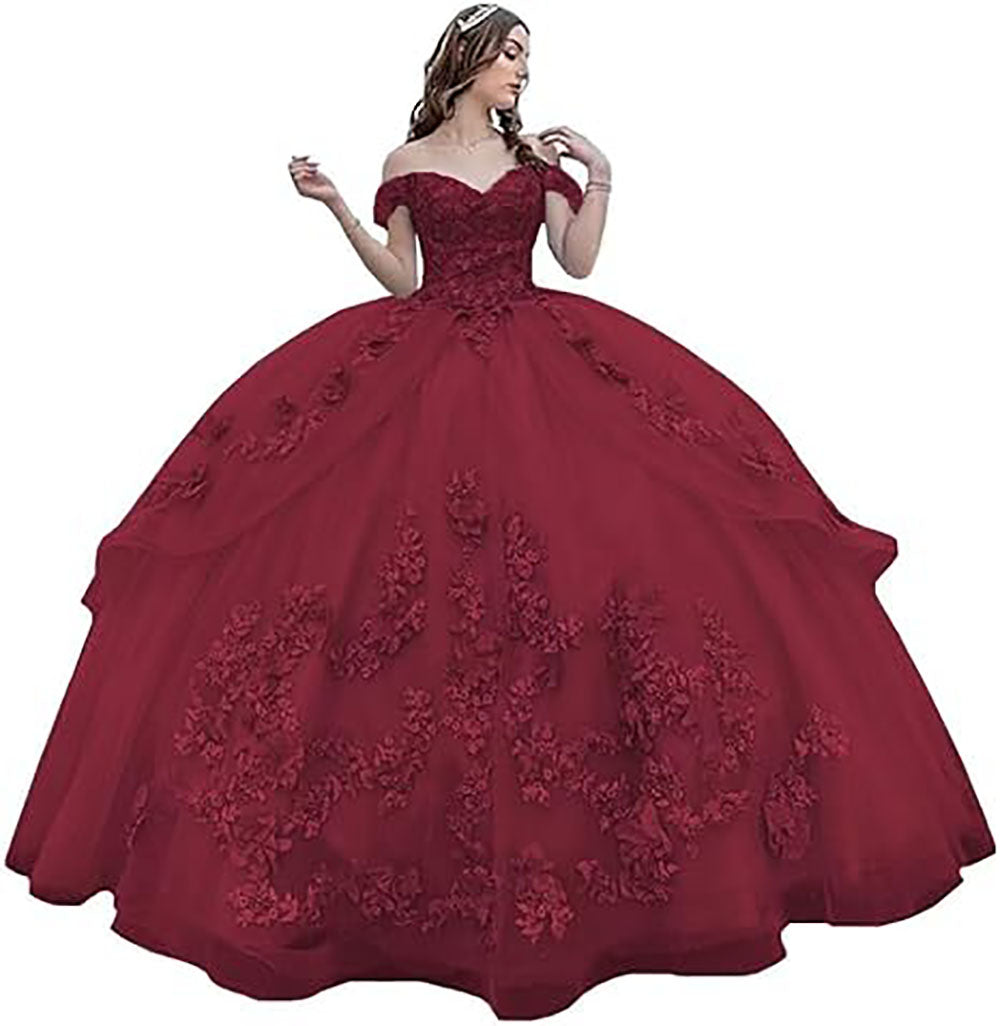 Abiti da Quinceanera floreali 3D Abito da ballo gonfio in tulle scintillante Abiti Sweet 16 con spalle scoperte Abito principessa in pizzo