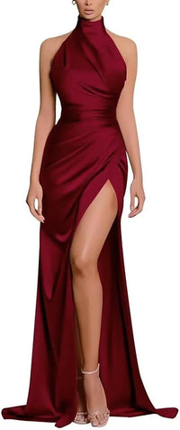 Satin Halter Bridesmaid Dresses Long Pleated Prom Dresses with Slit Mermaid Evening Dresses