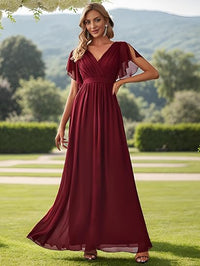 Abito da damigella con scollo a V, maniche a volant, arricciato, da festa, lungo fino al pavimento, in chiffon, abito formale