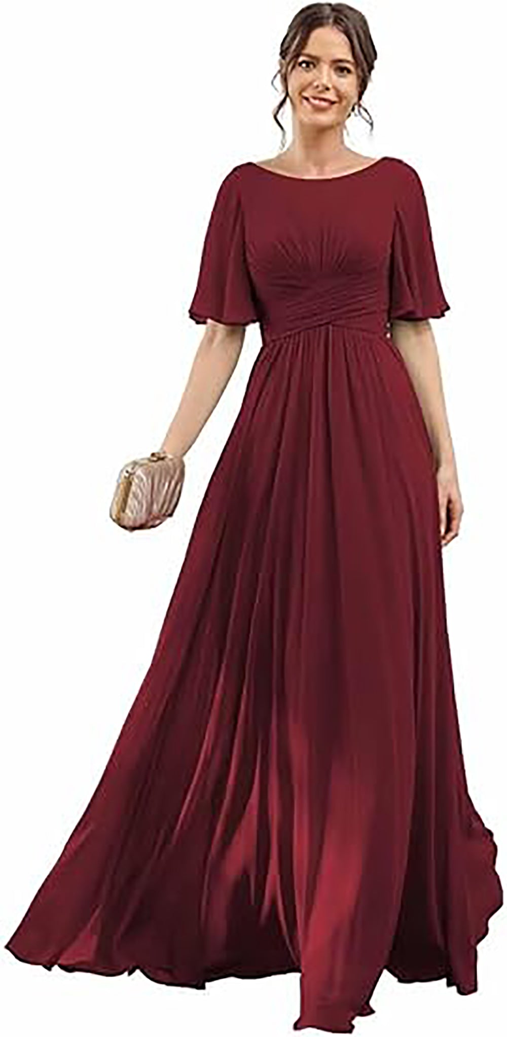 Vestido de Dama de Honra para Mulheres com Mangas de Folha em Chiffon Vestido de Noite para Festa de Casamento