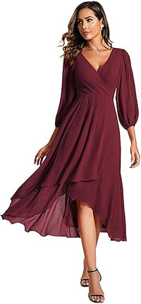 Abito da sera da donna in chiffon con scollo a V, maniche lunghe, abito da damigella, lunghezza midi, abito per invitata a matrimonio