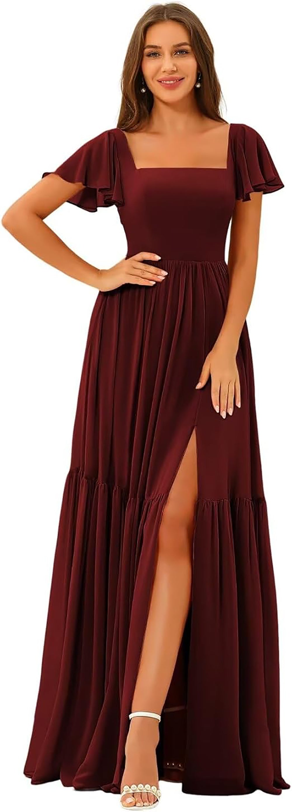Vestidos de Dama de Honra com Decote em U, Fenda e Mangas de Chiffon com Folhos, Vestidos Formais Longos para Festa com Bolsos