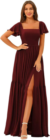 Vestidos de Dama de Honra com Decote em U, Fenda e Mangas de Chiffon com Folhos, Vestidos Formais Longos para Festa com Bolsos