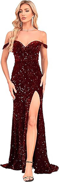 Abito da sera elegante a sirena con spalle scoperte e spacco, con paillettes, per feste formali