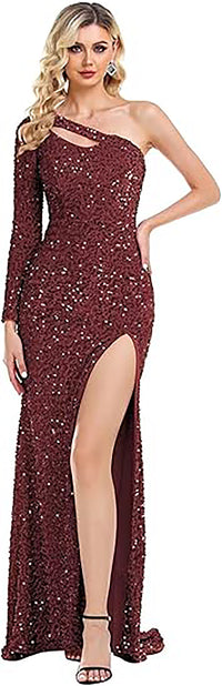 Vestido de Festa com Lantejoulas, Uma Manga, Ombro Só, Vestido de Baile Feminino Brilhante, Vestido de Cocktail para Noite