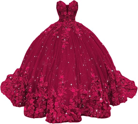 Abiti da Quinceanera con Fiori 3D Scintillanti, Abiti Quince in Tulle Gonfi Senza Spalline, Abiti Sweetheart con Perline e Pizzo, Abiti Sweet 16