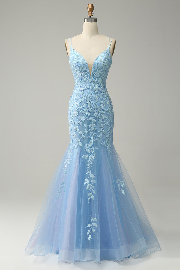 Mermaid Evening Dress Deep V Neck Lace Appliques Tulle Prom Dress Ms2508225