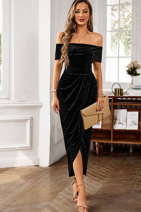 Off Shoulder Velvet Midi Prom Dress Bodycon Wedding Party Gown Ms2507265