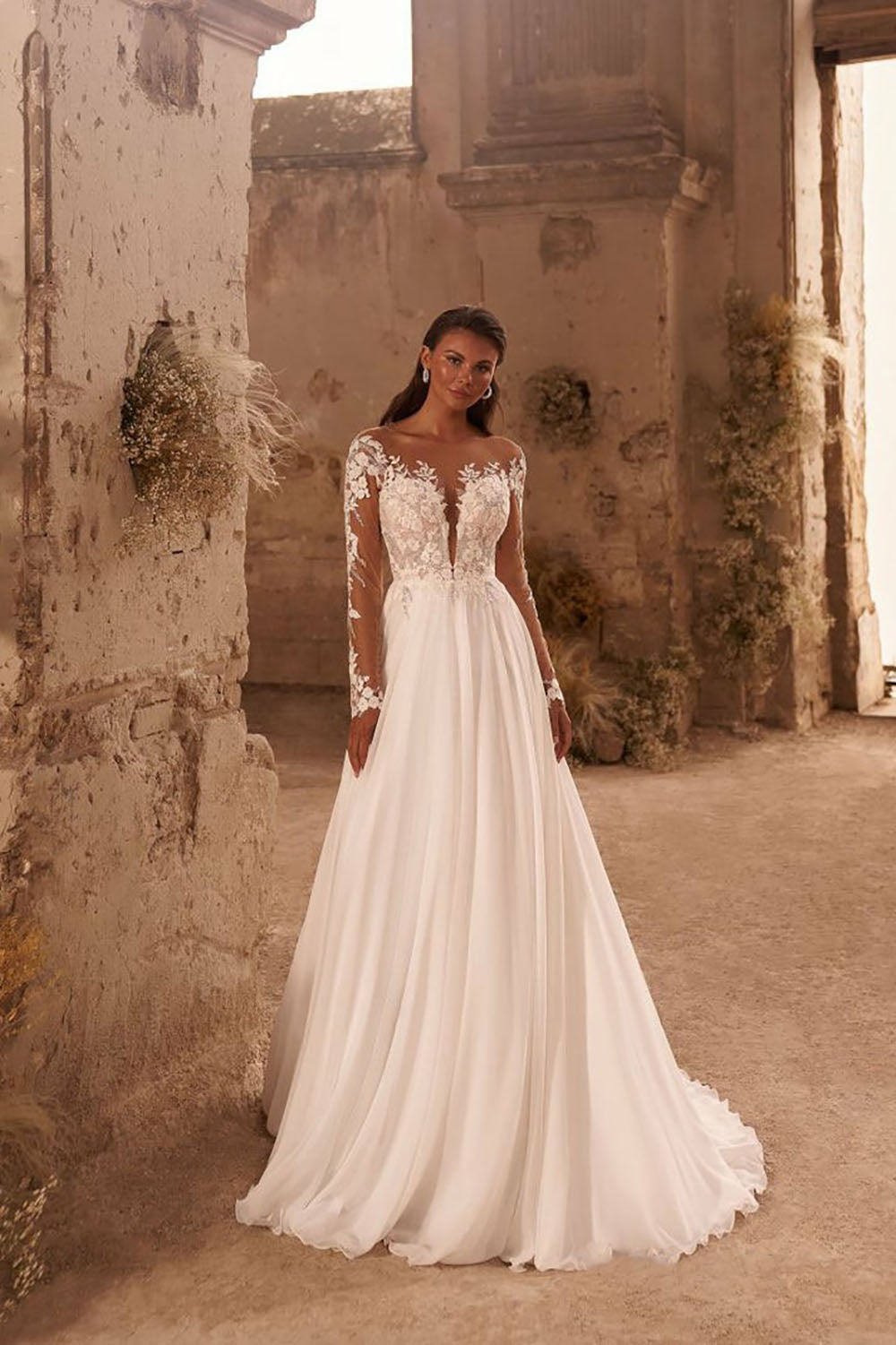 Boho Long Sleeves Wedding Dress Chiffon Lace Appliques A-Line Bridal Gowns Ms2506013