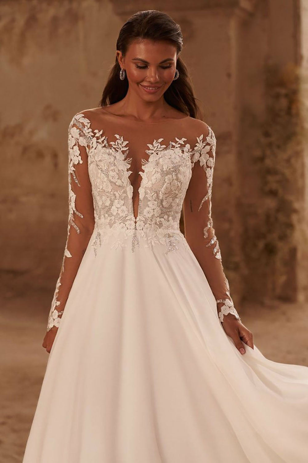 Boho Long Sleeves Wedding Dress Chiffon Lace Appliques A-Line Bridal Gowns Ms2506013