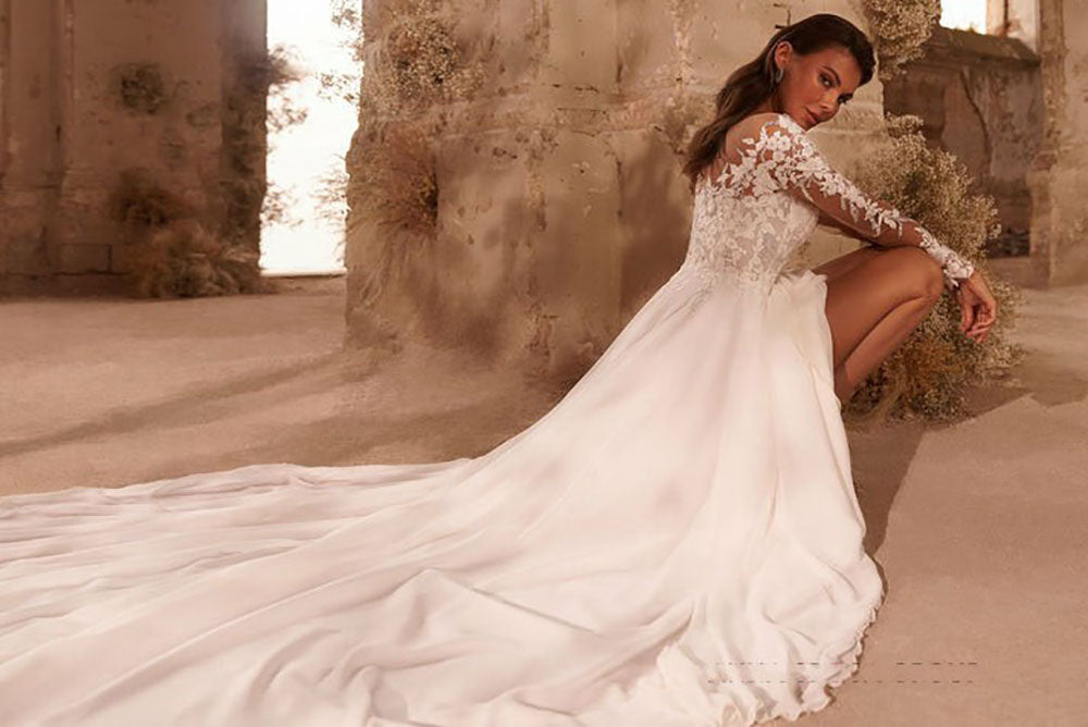Boho Long Sleeves Wedding Dress Chiffon Lace Appliques A-Line Bridal Gowns Ms2506013