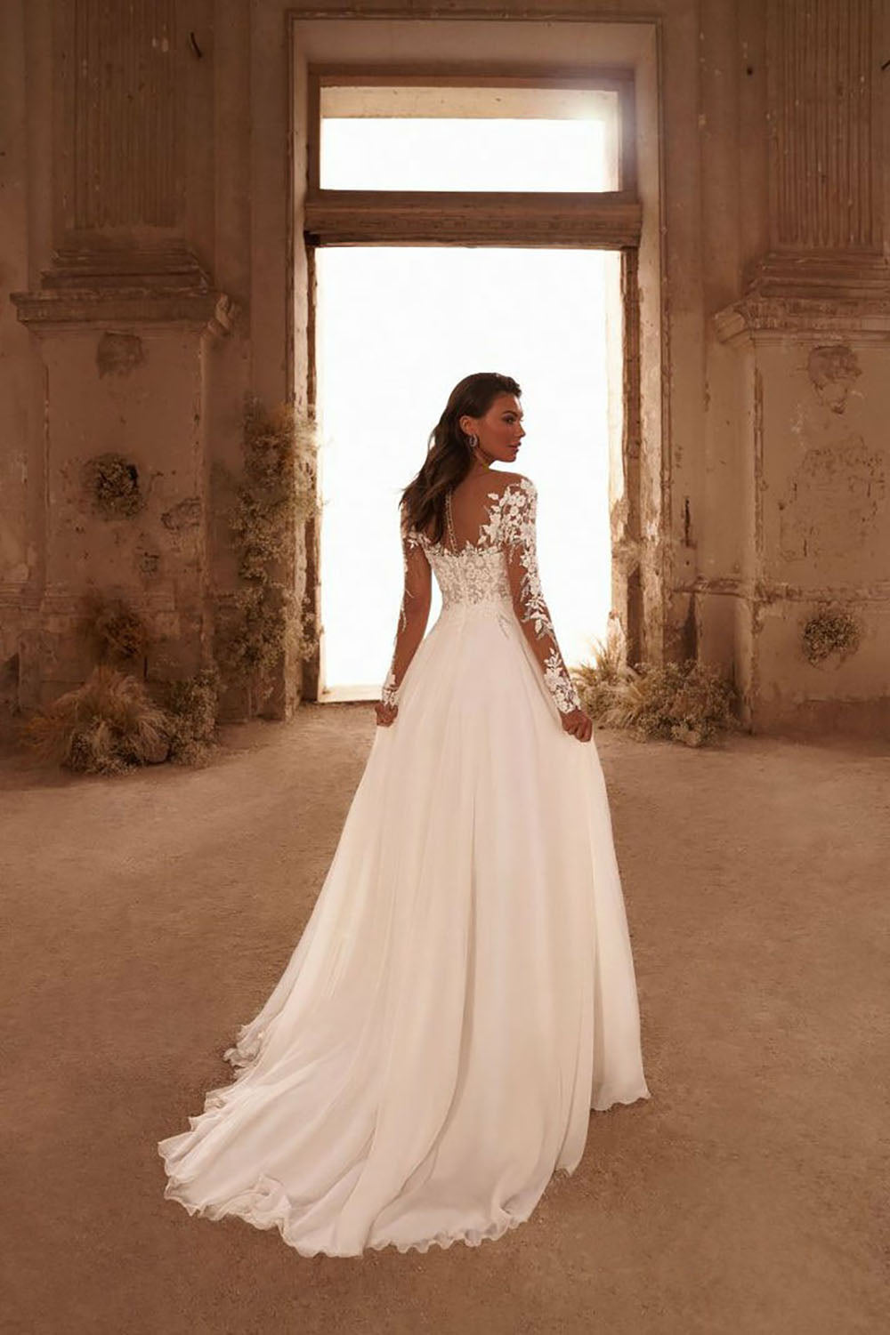 Boho Long Sleeves Wedding Dress Chiffon Lace Appliques A-Line Bridal Gowns Ms2506013