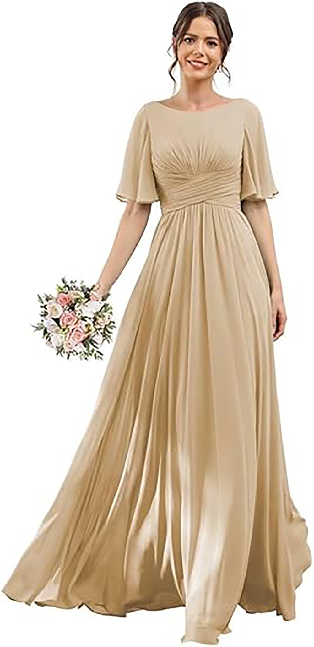 Vestido de Dama de Honra para Mulheres com Mangas de Folha em Chiffon Vestido de Noite para Festa de Casamento
