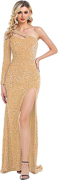 Vestido de Festa com Lantejoulas, Uma Manga, Ombro Só, Vestido de Baile Feminino Brilhante, Vestido de Cocktail para Noite