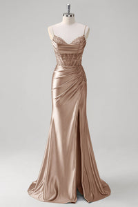 Abito da sera elegante a linea A con pieghe, scollo a cuore, spacco alto sexy Ms2504012