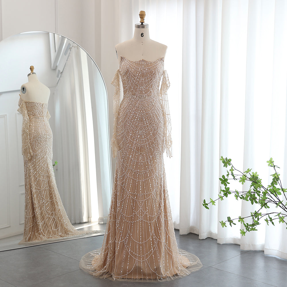 Vestidos de Noite de Sereia de Luxo com Luvas, Bordados e Lantejoulas, Vestido de Baile para Mulheres, Vestidos de Festa