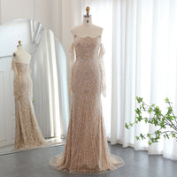 Vestidos de Noite de Sereia de Luxo com Luvas, Bordados e Lantejoulas, Vestido de Baile para Mulheres, Vestidos de Festa