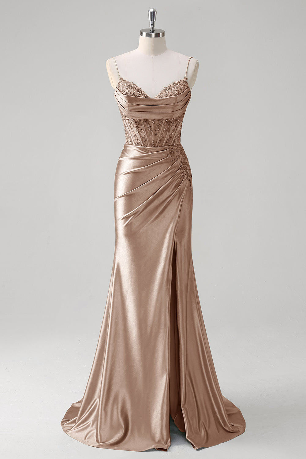 Abito da sera elegante a linea A con pieghe, scollo a cuore, spacco alto sexy Ms2504012