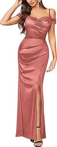 Sexy abito da sera lungo da festa con spalle scoperte in raso, spacco alto e arricciature, stile sirena Ms2503131