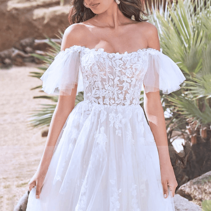 Vestidos de Noiva Boémia com Apliques de Renda, Decote Ombro a Ombro, Vestido de Noiva Linha A, Vestido de Casamento Boho