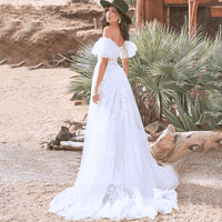 Vestidos de Noiva Boémia com Apliques de Renda, Decote Ombro a Ombro, Vestido de Noiva Linha A, Vestido de Casamento Boho