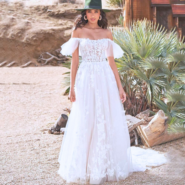 Vestidos de Noiva Boémia com Apliques de Renda, Decote Ombro a Ombro, Vestido de Noiva Linha A, Vestido de Casamento Boho