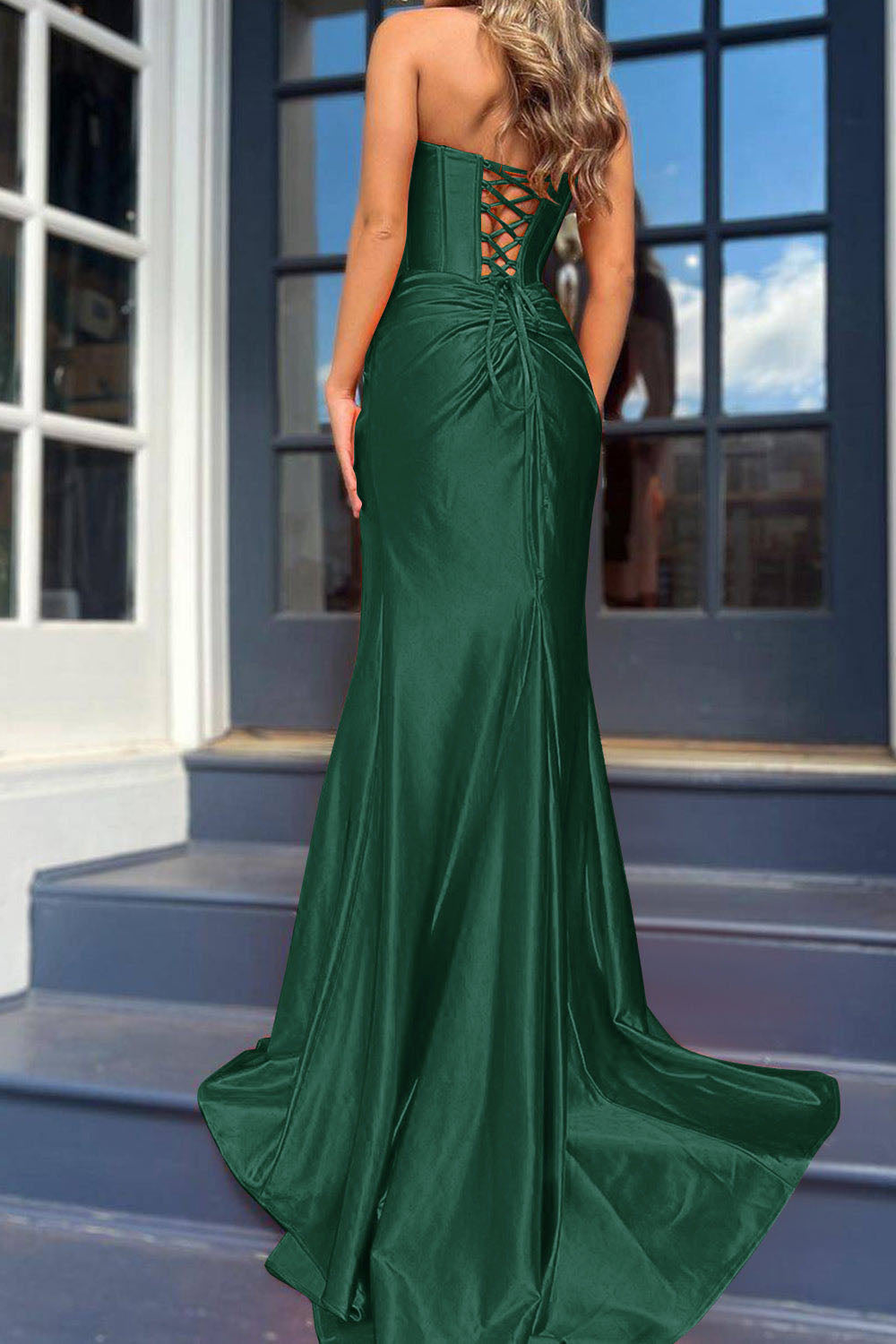 Orange Satin Evening Gown Strapless Corset High Slit Long Prom Dress Ms2509051
