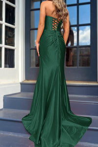 Orange Satin Evening Gown Strapless Corset High Slit Long Prom Dress Ms2509051