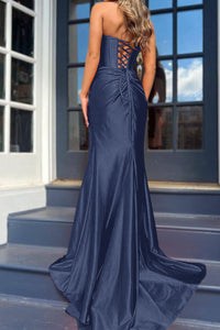 Orange Satin Evening Gown Strapless Corset High Slit Long Prom Dress Ms2509051