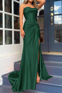 Orange Satin Evening Gown Strapless Corset High Slit Long Prom Dress Ms2509051