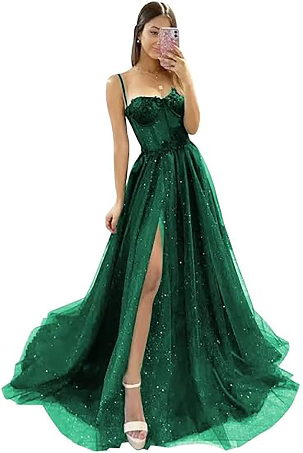 Robe de soirée longue en tulle à bretelles spaghetti et décolleté plongeant pour femme
