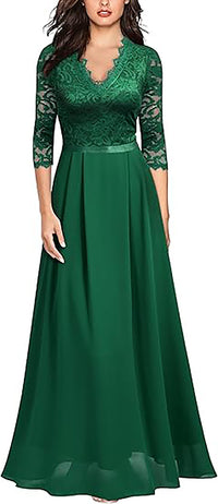 Abito lungo da sera formale da donna con pizzo floreale e maniche 2/3, abito da damigella
