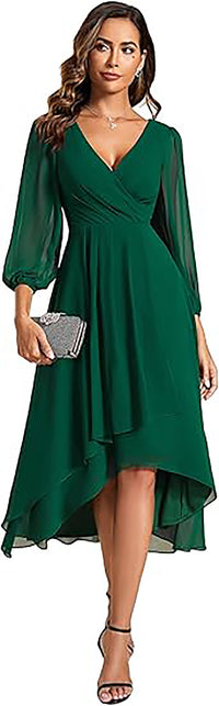Abito da sera da donna in chiffon con scollo a V, maniche lunghe, abito da damigella, lunghezza midi, abito per invitata a matrimonio