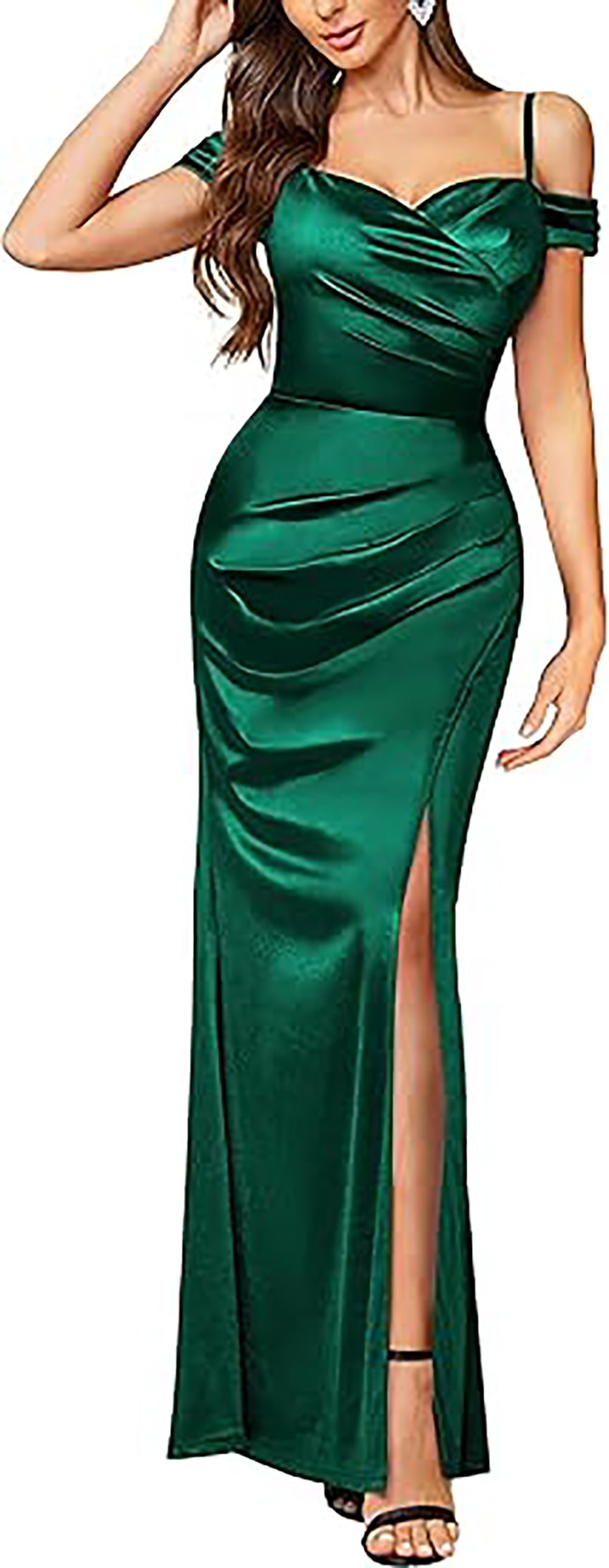 Sexy abito da sera lungo da festa con spalle scoperte in raso, spacco alto e arricciature, stile sirena Ms2503131