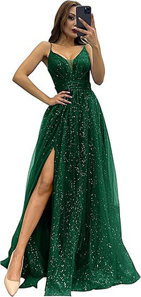 Vestidos Formais de Tule Brilhante para Mulheres com Decote em V, Pregas, Sexy, Fenda Alta, Alças Finas, Vestidos de Baile