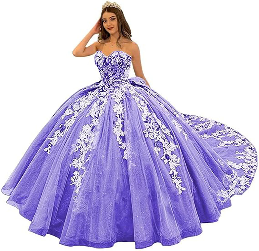 Wunderschöne trägerlose Quinceanera-Kleider mit Perlen, Ballkleid, bauschige Spitze, Ballkleider mit Schleppe, Blumenmuster, Sweet 15 16 Kleider