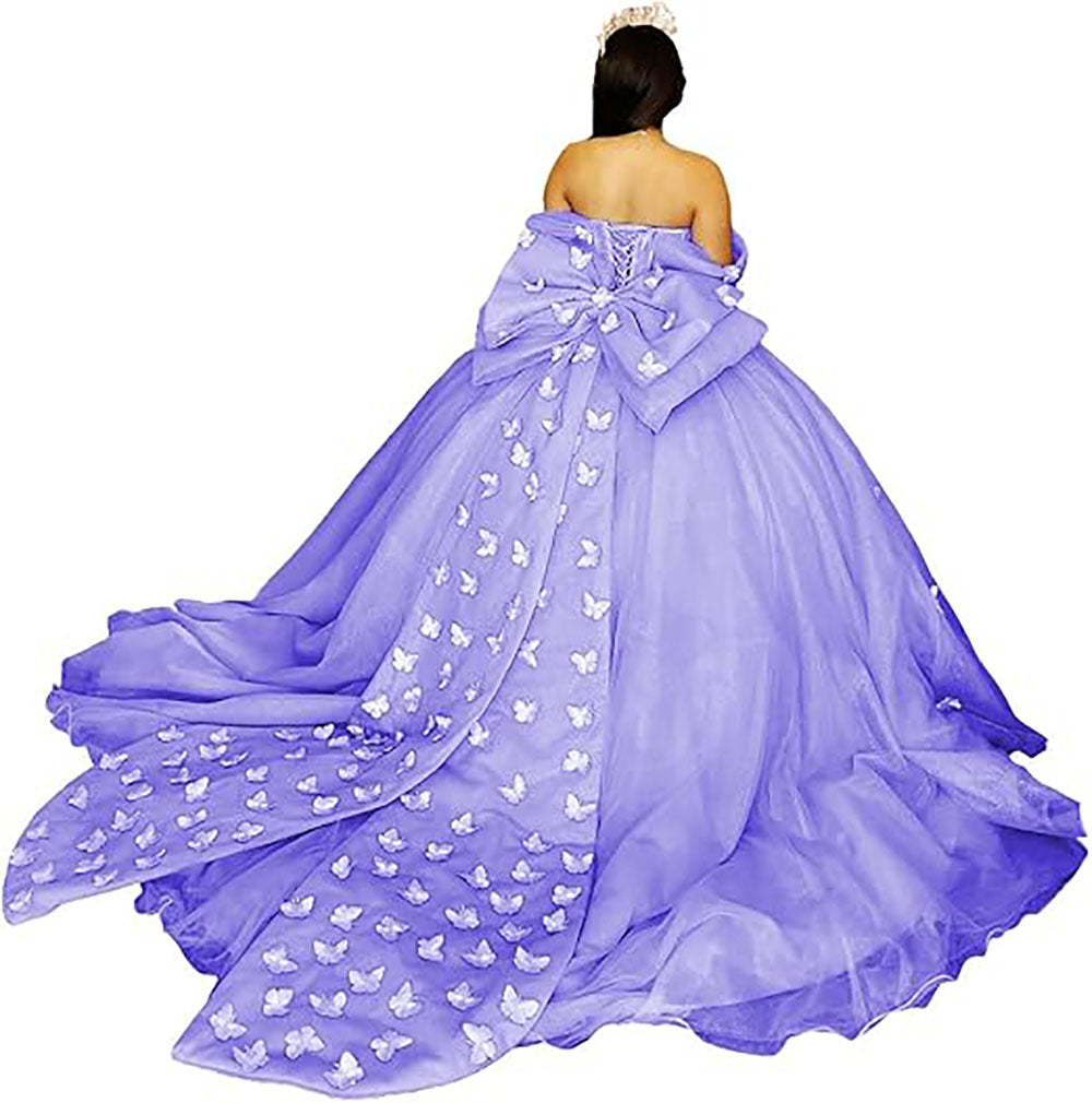 Vestidos de Quinceanera Butterfly com Laço Vestido de Baile Fofo Sweet 16 com Cauda Vestido de Quince Ombro a Ombro