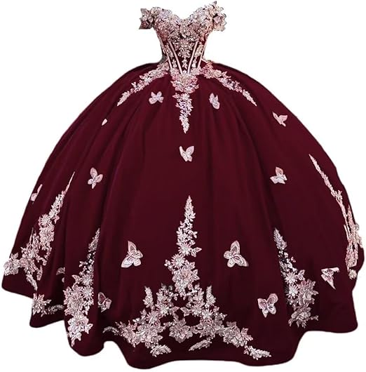 Abiti Quinceanera in Velluto 2025 con Farfalle Floreali 3D Dorate Pizzo Spalle Scoperte Abiti da Prom Sweet 16