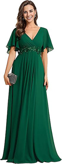 Abito da madre in chiffon con maniche svolazzanti, pizzo, vita decorata con perline, abito formale per festa di matrimonio