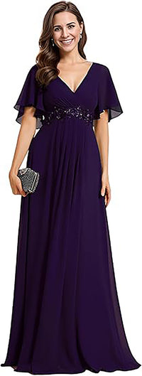 Abito da madre in chiffon con maniche svolazzanti, pizzo, vita decorata con perline, abito formale per festa di matrimonio