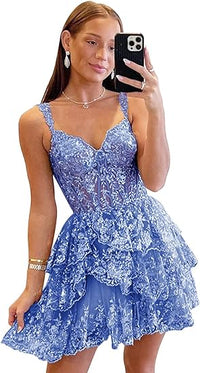 Vestido de Festa de Volta às Aulas com Lantejoulas e Ombros Descobertos, Vestido Curto de Camadas com Folhos, Vestido de Noite com Aplicações de Renda, Vestidos de Baile de Finalistas 2024 Primavera Verão