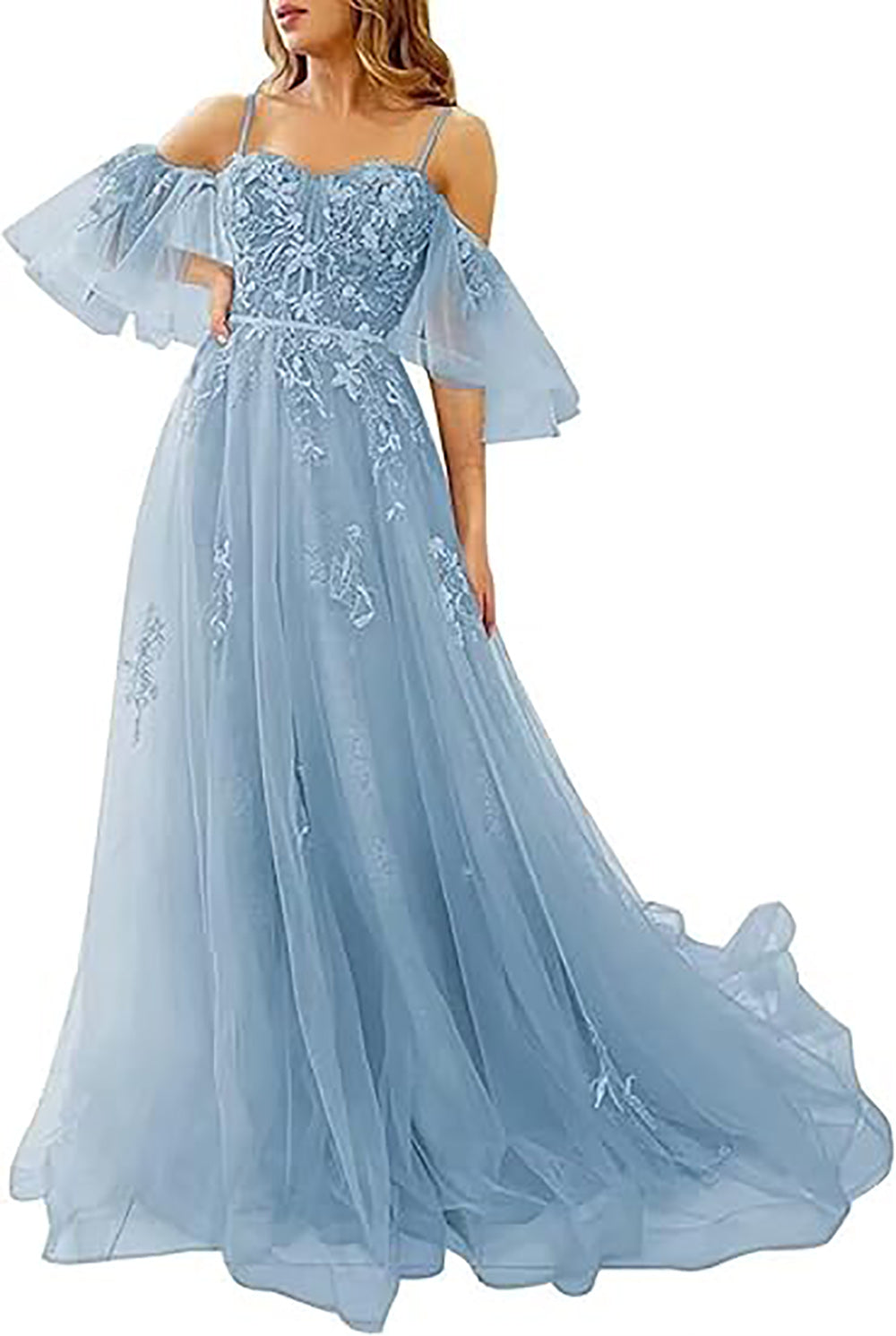 Vestidos de Baile Longos com Ombros Descobertos, Tule, Apliques, Vestido de Festa com Alças Finas, Vestidos Formais de Noite