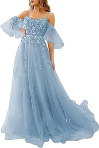 Vestidos de Baile Longos com Ombros Descobertos, Tule, Apliques, Vestido de Festa com Alças Finas, Vestidos Formais de Noite
