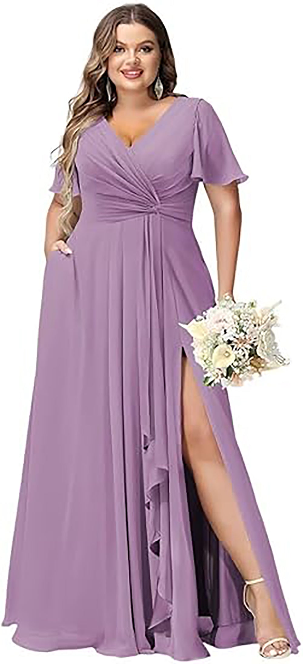 Vestido de Dama de Honra Comprido com Mangas de Folha, Bolsos, Chiffon Franzido, Corte Longo em A, Vestido Formal para Festa com Fenda