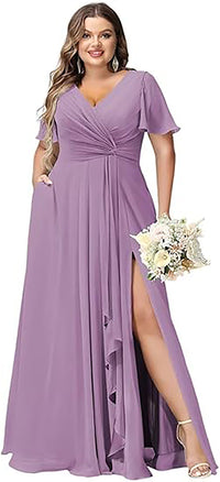 Vestido de Dama de Honra Comprido com Mangas de Folha, Bolsos, Chiffon Franzido, Corte Longo em A, Vestido Formal para Festa com Fenda