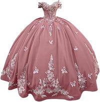 Abiti Quinceanera in Velluto 2025 con Farfalle Floreali 3D Dorate Pizzo Spalle Scoperte Abiti da Prom Sweet 16