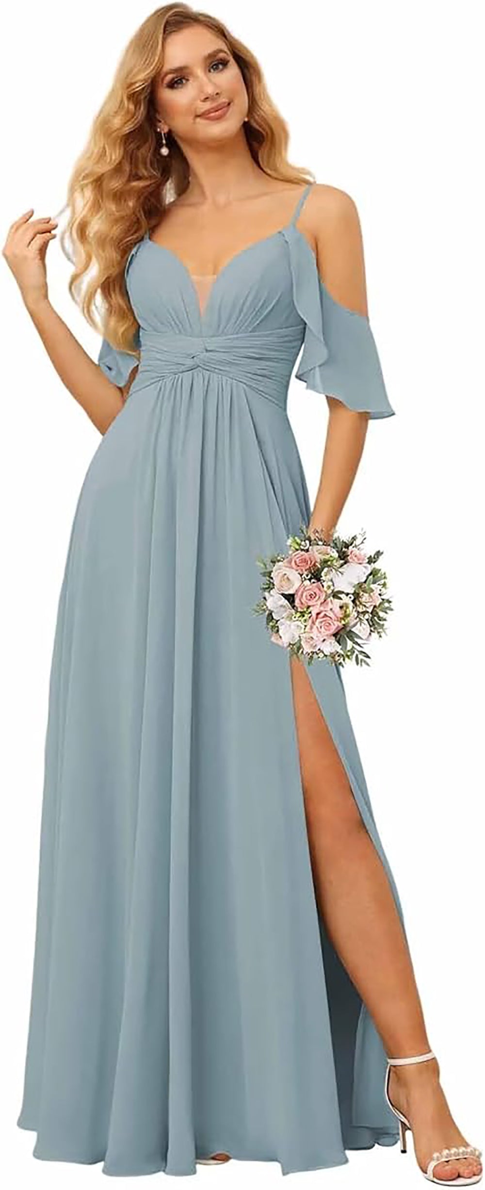 Abito da damigella con spalline sottili, spacco, chiffon plissettato, scollo a barca, linea ad A, abito formale da sera per donna