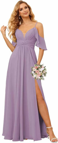 Abito da damigella con spalline sottili, spacco, chiffon plissettato, scollo a barca, linea ad A, abito formale da sera per donna